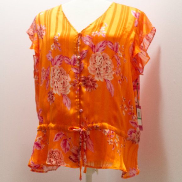 Vince Camuto Orange Rio Gardens V-neck Button Down Peplum Blouse Large - Picture 2 of 9